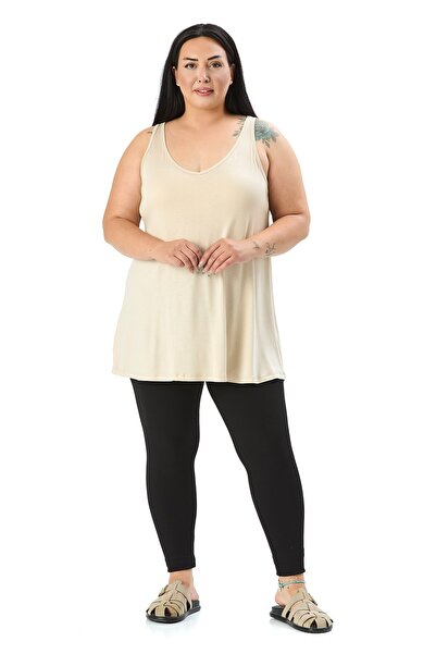 DISENTIS MODEST Plus Size V-Neck Flared Cut Long Beige Blouse