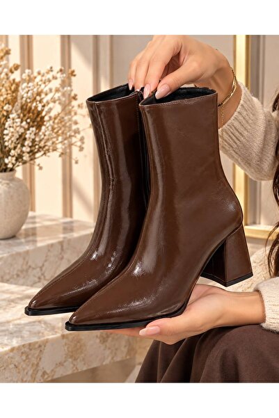 RoseVeno Pointed Toe Thick Heel Side Zipper Shiny Patent Leather Brown Color ...