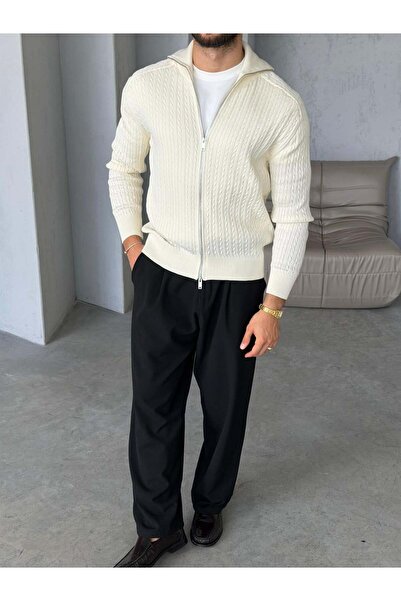 FO4RBS Knitted Patterned Double Zipper Knitwear Cardigan m - Ecru