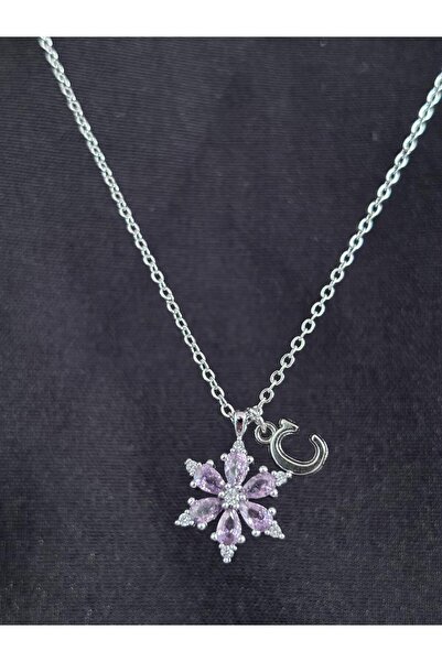 bijoux uniques Pink Zircon Stone Lotus Flower C Letter Women's Steel Necklace