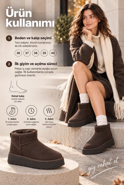 Miss Kiss Women's Brown Suede Look Thick Platform Sole High Mini Boots with Fur Inside