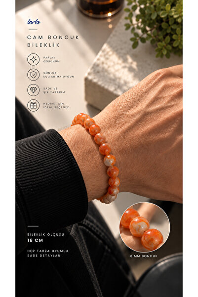 Larla 8 mm Orange Cream Patterned Glass Bead Bracelet 18 cm Unisex Flexible Handmade Natural Stone Look Men's Women's Bracelet