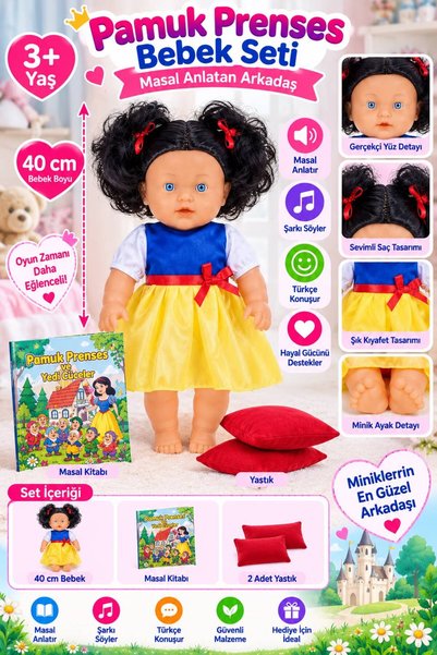 BYCEGU Uykudan Önce Masal Anlatan 40 cm Pamuk Prenses Ve Yedi Cüceler Uzun Saçlı Masal Anlatan Oyuncak Bebek