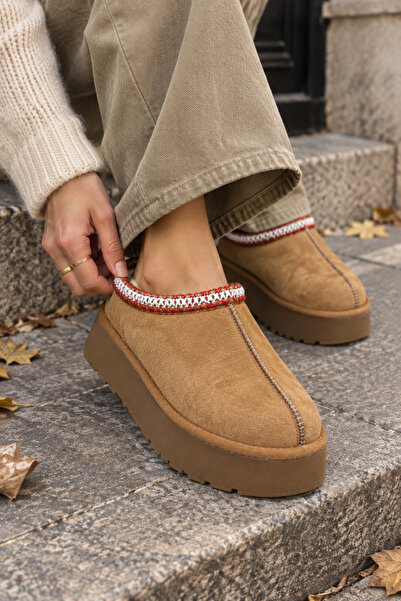 Miss Kiss Women's Tan Knitted Detailed Suede Look Plush Lined Platform Closed...