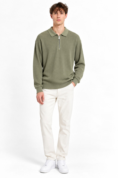 ribana Polo Collar Zippered Long Sleeve Men's Sweater 102101