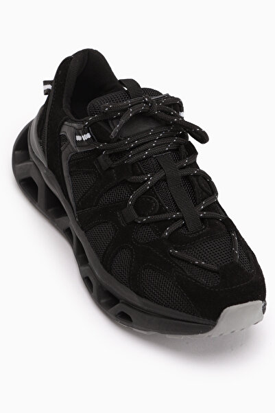 Limoya Raisa Genuine Leather Black Suede Mesh Detailed Thick Sole Women's Sne...