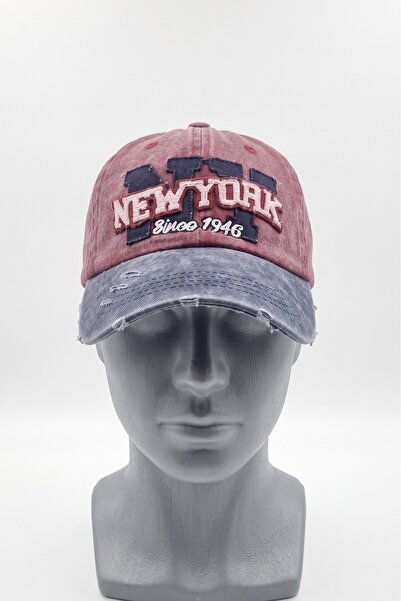 NEWYORK Bordo Lacivert Eskitme Unisex Beyzbol Kep Şapka