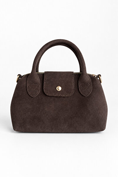 FEG STORE Soft Suede Textured Brown Zippered Crossbody Small Bag with Snap Cl...