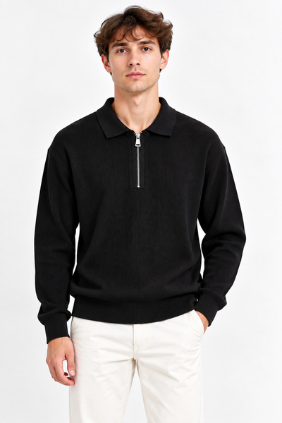 ribana Polo Collar Zippered Long Sleeve Men's Sweater 102101