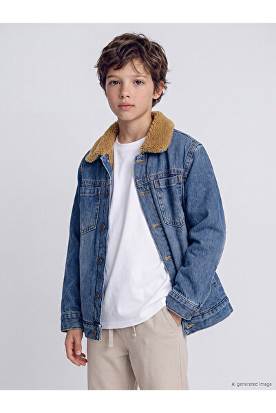 LC Waikiki Ozmarka New Season Indigo Fur Collar Fleece Lined Boys' Jean Jacket