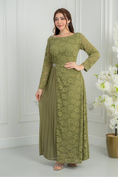 Velora Dresses فستان سهره زيتوني فاخر بالدانتيل والكسرات