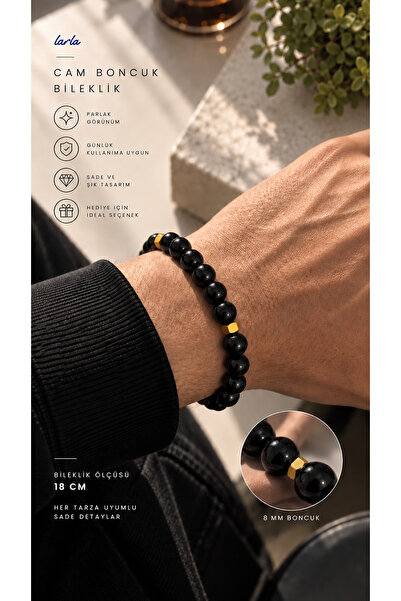 Larla 8 mm Black Glass Bead Bracelet with Yellow Steel Cube Detail 18 cm Unisex Flexible Handmade Jewelry