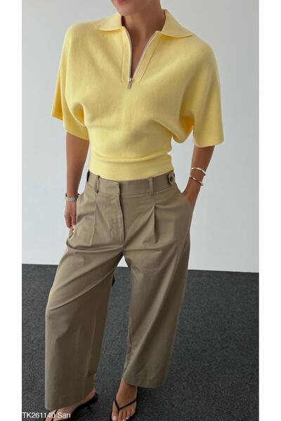Lupies Women's Yellow Zippered Collar Waist-Fitted Knit Sweater