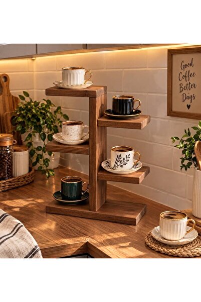 TAHTALI HOME Doğal Ahşap Çok Amaçlı Tezgah Üstü Raflı Organizer - Kupa Ve Min...