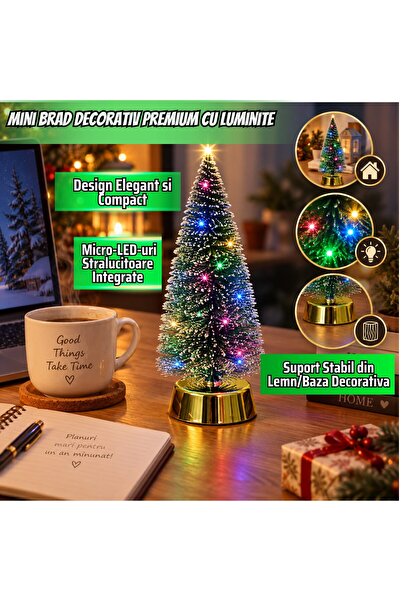 Infiniteea Brad decorativ mini de Crăciun cu Infiniteea ™   Lumini, înălțime 25 cm, Micro-LED-uri colorate, Bază stabilă din lemn, Design realist cu ace cu aspect de zăpadă, Decorațiune de Crăciun versatilă pentru birou, masă.