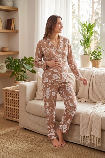 Miss Dünya Lissa Evelia Floral Patterned Shirt Collar Buttoned Textured Wrink...