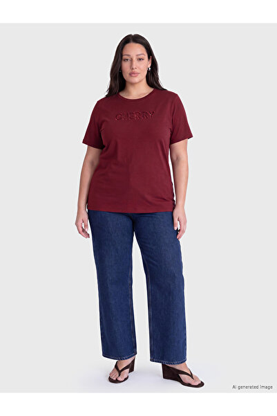 LC Waikiki Ozmarka New Season Plum Large Size Embroidered 100% Cotton Blouse