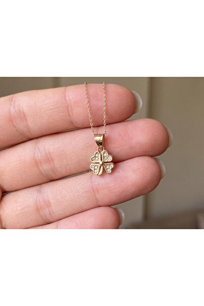 Şerif Ağa Jewelry 14 Ayar Altın Kalp Yapraklı Yonca Kolye, Zirkonlu