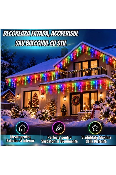 Infiniteea Luminițe de Crăciun tip țurțuri ™   25M, 500 LED-uri multicolore, Modulare, interconectabile, Pentru exterior