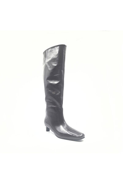 Folle Burgundy Patent Leather Women's Boots 4 cm Short Heel Genuine Leather Lined Below the Knee Boots