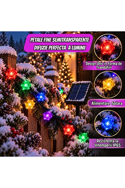 Infiniteea ™   Ghirlande solare decorative cu flori LED, 20 LED-uri, 5 m, 8 moduri de iluminare multicoloră, Panou solar cu senzor de amurg, Impermeabil IP65, Iluminat exterior pentru grădină