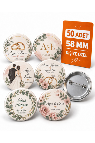 Kişiye Özel Düğün Nişan Nikâh İğneli Metal Rozet 58 mm 50 Adet