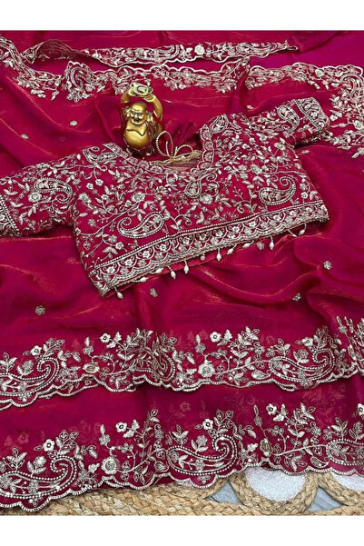 MYSMAR Magenta Pink Fendi Satin Saree with Heavy Silver Embroidery - KTS10112...