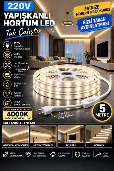 LED PAZARI 5 METRE 220V TAK ÇALIŞTIR YAPIŞKANLI HORTU M LED – 4000 KELVİN NAT...