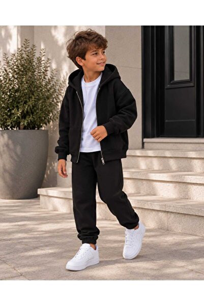 BEBEĞİME ÇORAP Children's Unisex Hooded Zippered Black Cardigan - School Card...