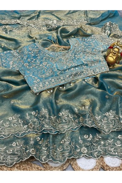 MYSMAR Teal Fendy Satin Saree with Embroidered Blouse & Sequin Border - KTS97...
