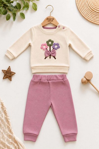 dinamik çocuk Baby Girl Floral Embroidered Bow Long Sleeve Sweatshirt Sweatpa...