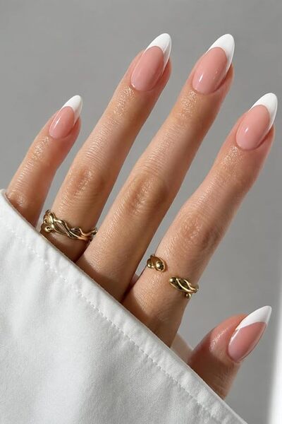 AZUREBEAUTY White French Tip Press On Nails Short Almond, Nude Base, 32 Pcs F...