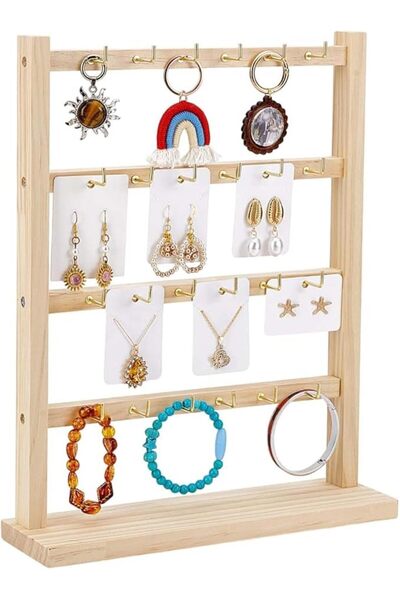 ALMEKAQUZ Wood Earring Display Stand 4-Tier Jewelry Organizer 24 Hooks