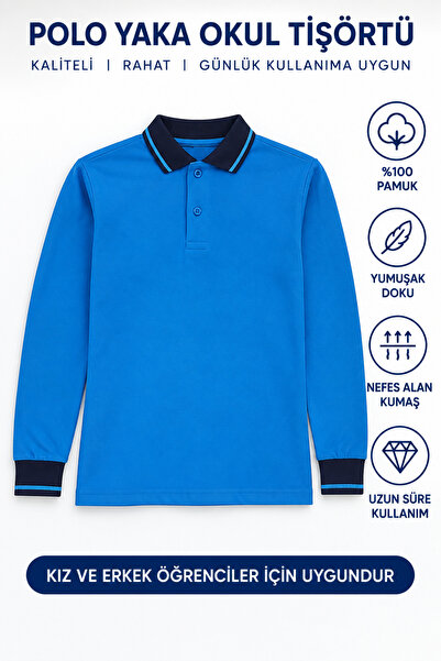 NEVALP Çocuk Uzun Kol Polo Lacivert Çizgili Okul T-Shirt, Okul tişört