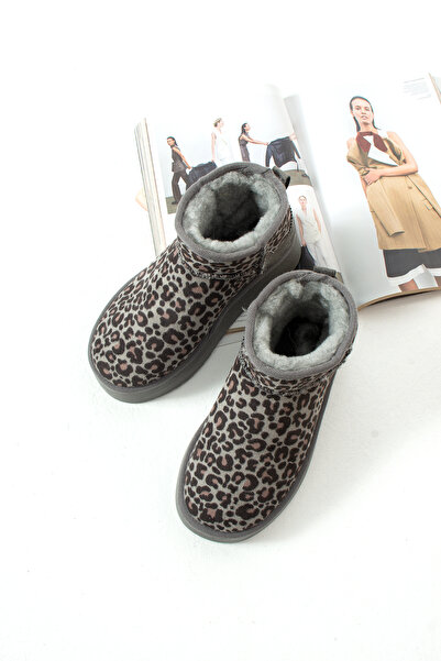 starmarj Kadın Gri Leopar Kışlık Bot Ultra Yüksek Tabanlı Sıcak Tutan içi Kür...
