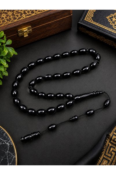 tesbihciniz سبحة من خرز العنبر الأسود المقطوع يدويًا