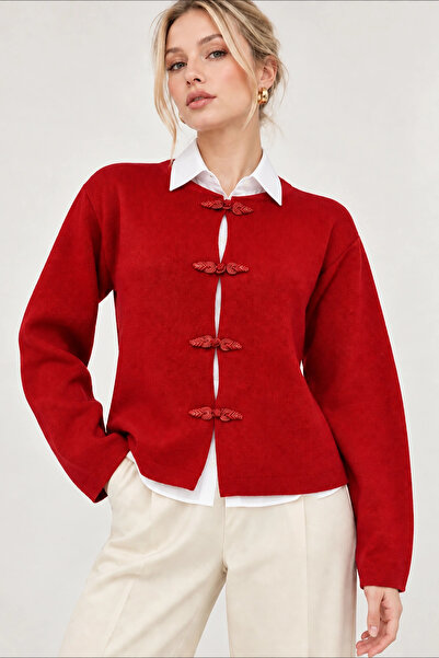Lusin Women's Red Special Design Authentic Button Detailed Crew Neck Knitwear...
