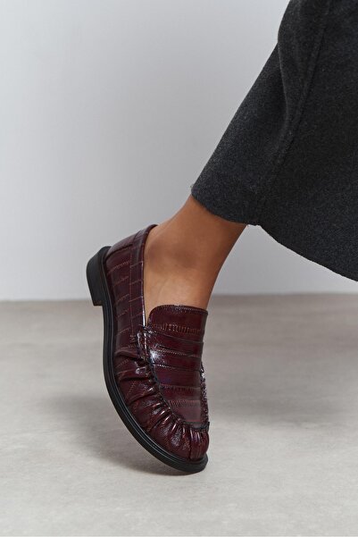 NİŞANTAŞI SHOES Vesta Burgundy Waterway Crocodile Genuine Leather Flat Sole W...