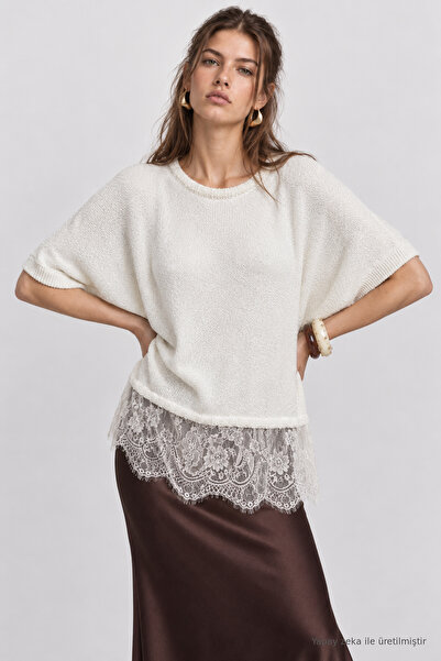 Lovelyİstanbul Dantelli Mevsimlik Oversize Triko Bluz 4421 LKİ0074 EKRU