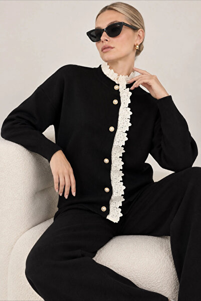 Lusin Women's Black Stylish Lace Detailed Cardigan Pants Bottom Top Double Kn...