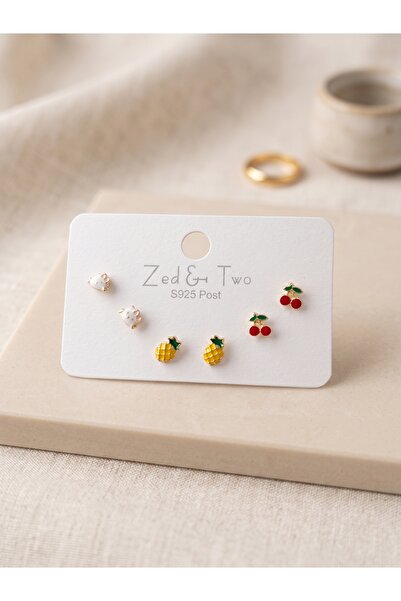 Z V COLLECTİON İğneli 3'lü Kiraz, Ananas ve Sevimli Kedi Figürlü Minimal Küpe...