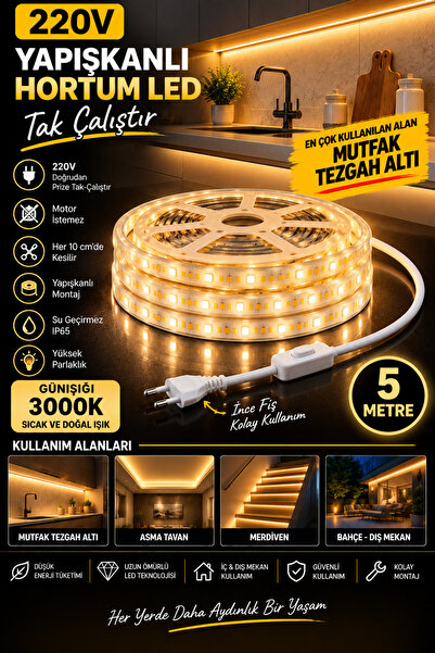 LED PAZARI MUTFAK DOLABI TEZGAH ALTI ÜSTÜ 5 METRE 220V TAK ÇALIŞTIR YAPIŞKANL...