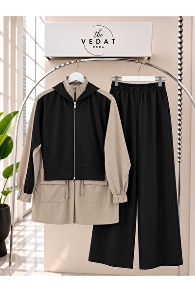 MODA VEDAT Women's Hooded Zippered Cardigan Detailed Set -0950