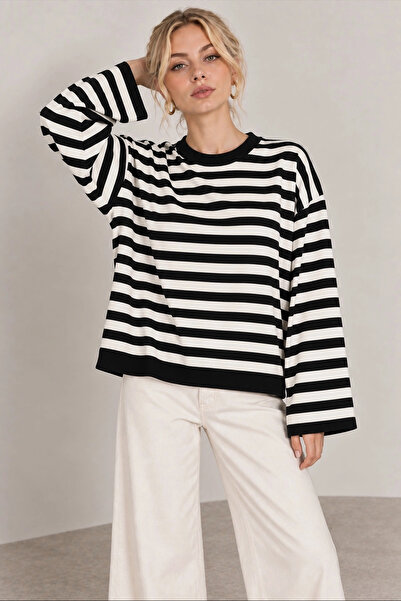 Lusin Women's Black Striped Crew Neck Oversize Casual Stylish Wide Spanish Sl...