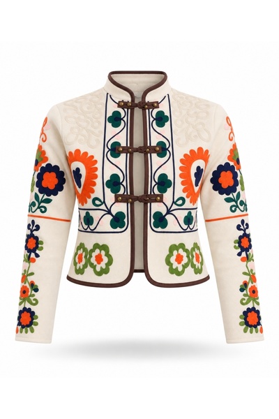 5in1Canpolat Ecru Embroidered Gabardine Jacket 6392
