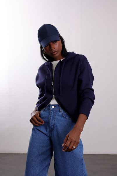 5in1Canpolat Navy Blue Hooded Knitwear Cardigan 151275