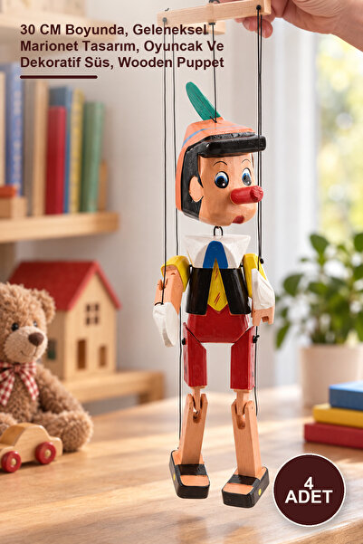 Yenilig 4 Adet Ahşap Pinokyo Kukla – 30 CM Boyunda, Geleneksel Marionet Tasarım, Oyuncak Ve Dekoratif Süs, Wooden Puppet