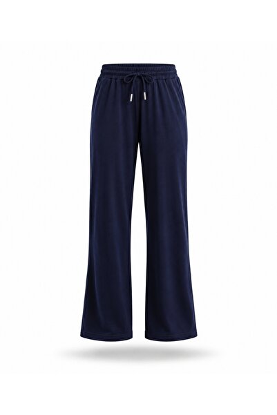 5in1Canpolat Navy Blue Elastic Waist Draped Trousers 17095