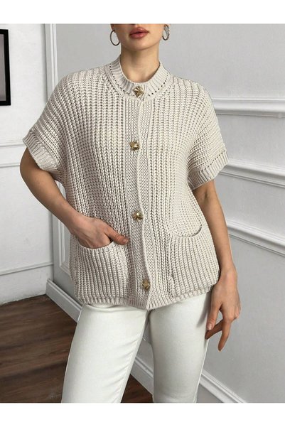 miss sadem Women's Ecru Knitted Cardigan |   Crew Neck Buttoned Pocketed Short Sleeve