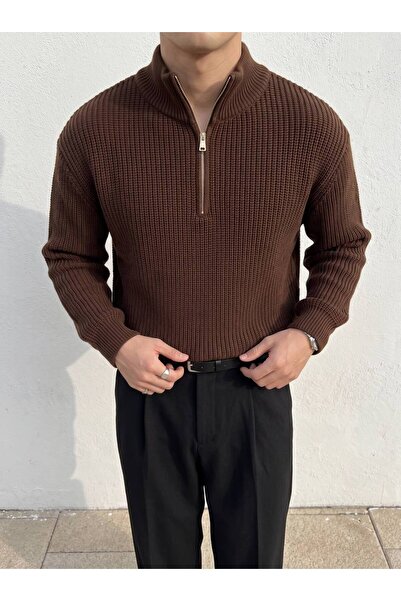 Gambocci Men's High-Neck Zippered Thick Knitwear Acrylic Sweater